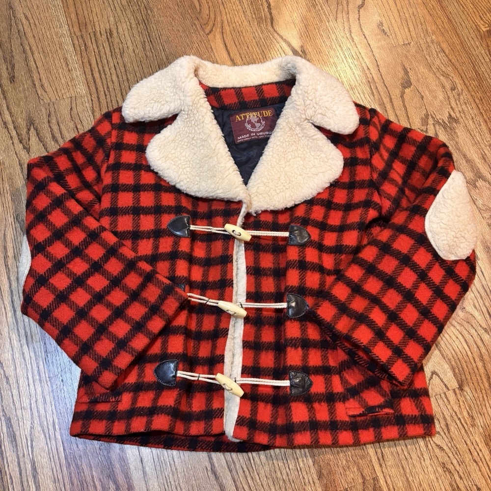 Vintage Attitude Red Black Buffalo Plaid‎ Wool Toggle Jacket Sherpa Collar M